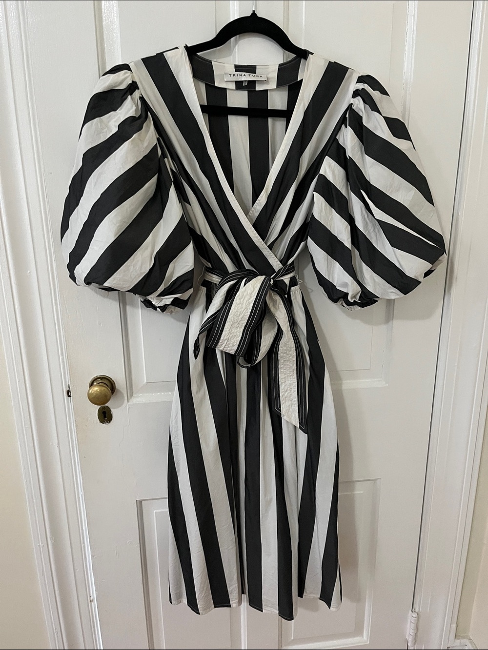 Trina Turk Black and White Striped Puff-Sleeve Wrap Midi Dress